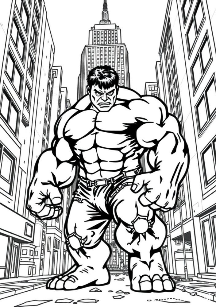 Hulk em um cenário urbano para colorir