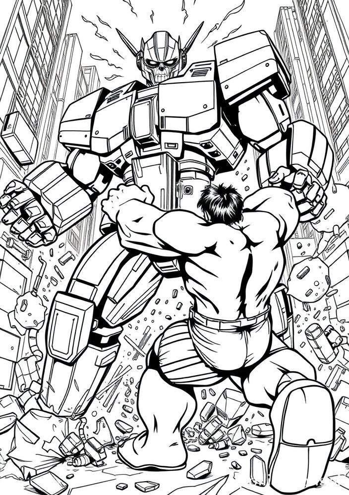 Hulk em uma batalha contra um robô para colorir