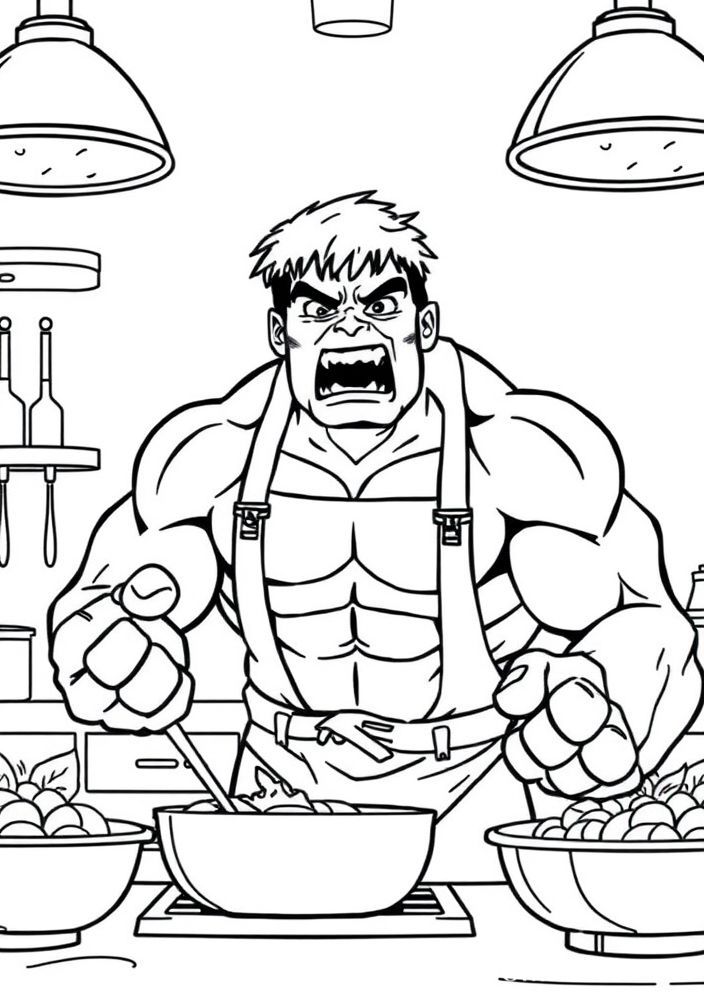 Hulk em uma competição de culinária para colorir