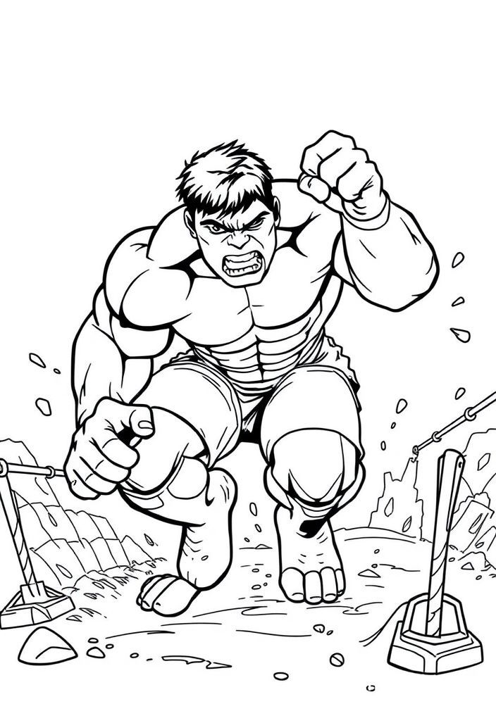 Hulk em uma corrida de obstáculos para colorir