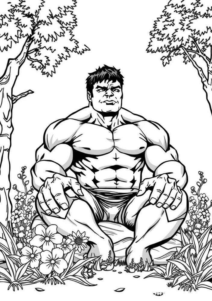Hulk em uma pose relaxante na natureza para colorir