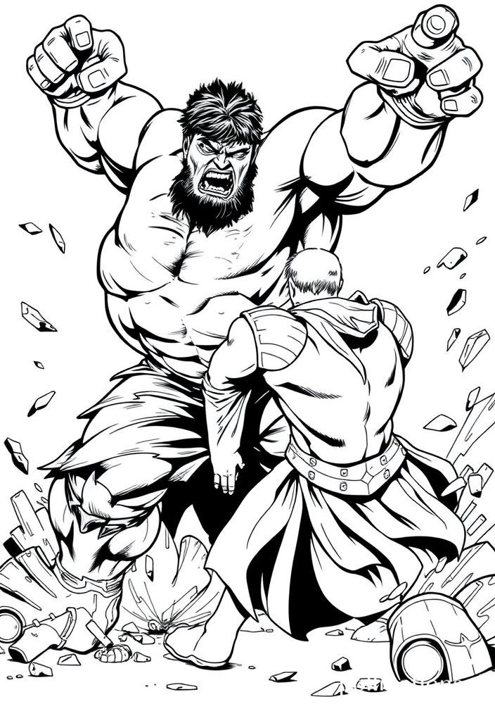 Hulk lutando contra um vilão para colorir