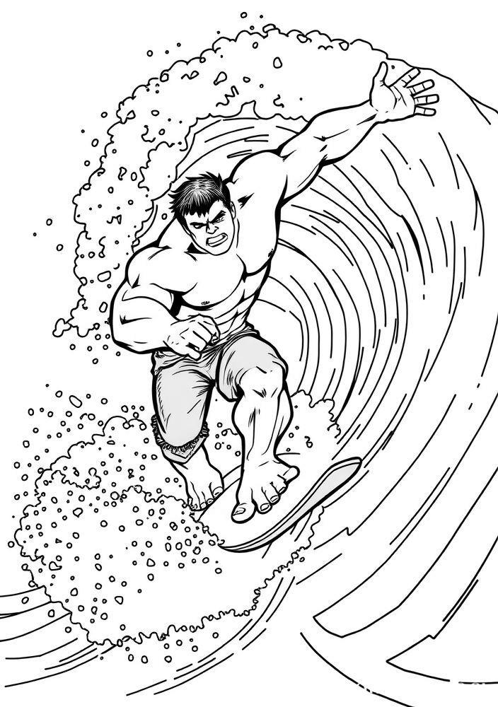 Hulk surfando uma onda gigante para colorir