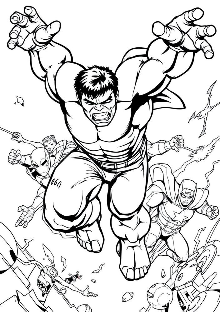 Hulk voando com super-heróis para colorir