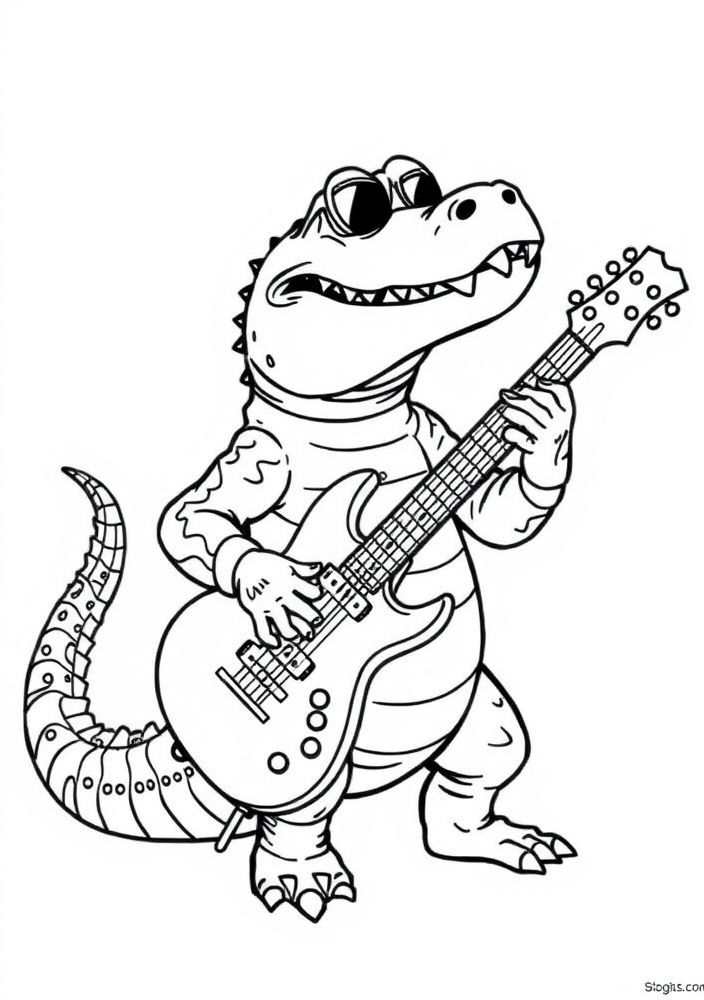 Jacaré tocando guitarra para colorir