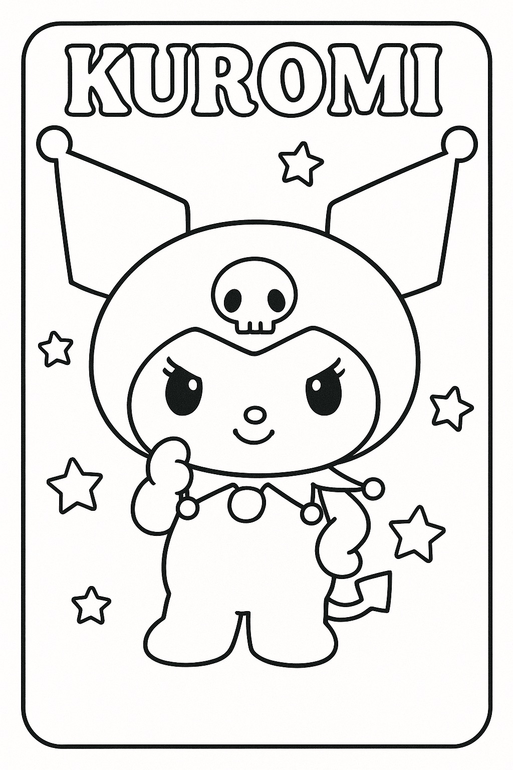 Kuromi fofa para colorir com estrelas e crânio no capuz preto