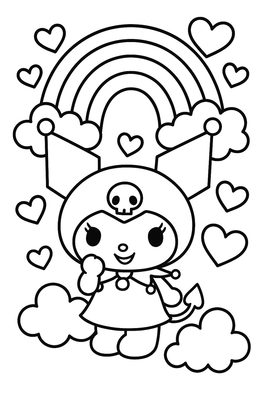 Kuromi com arco-íris e corações para colorir. Desenho fofo da Kuromi.