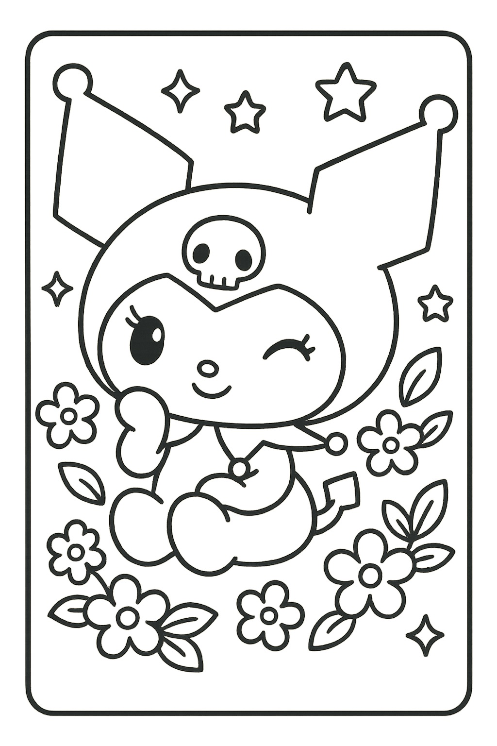 Kuromi fofa para colorir com caveira, flores e estrelas. Desenho infantil.