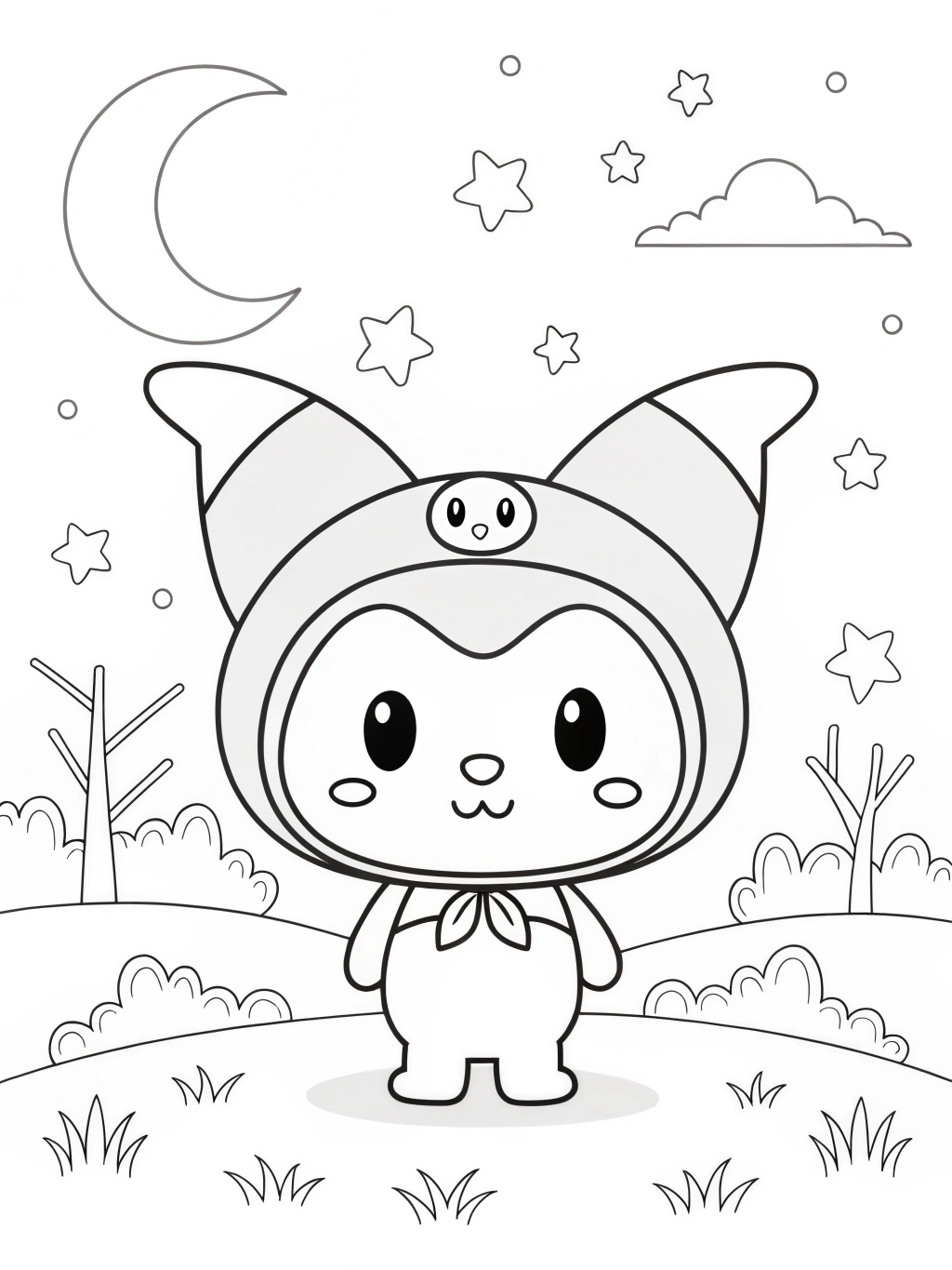 Kuromi para colorir com lua e estrelas em noite divertida e encantadora