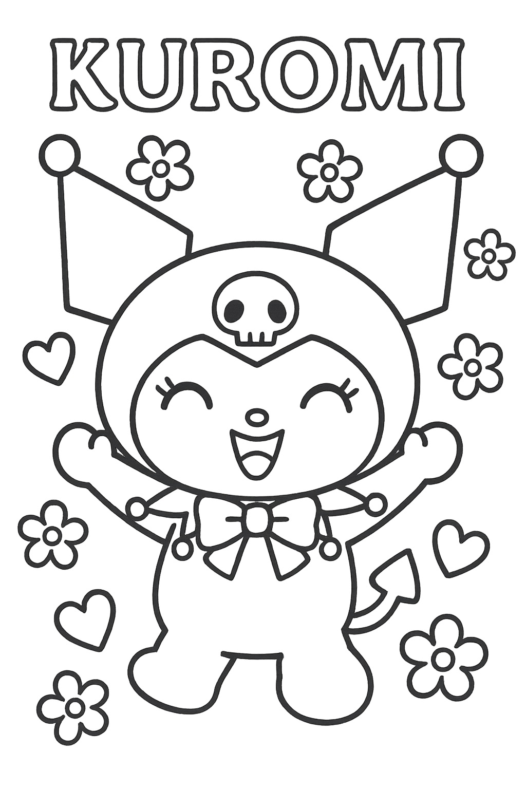 Desenho da Kuromi sorrindo com flores e corações para colorir online