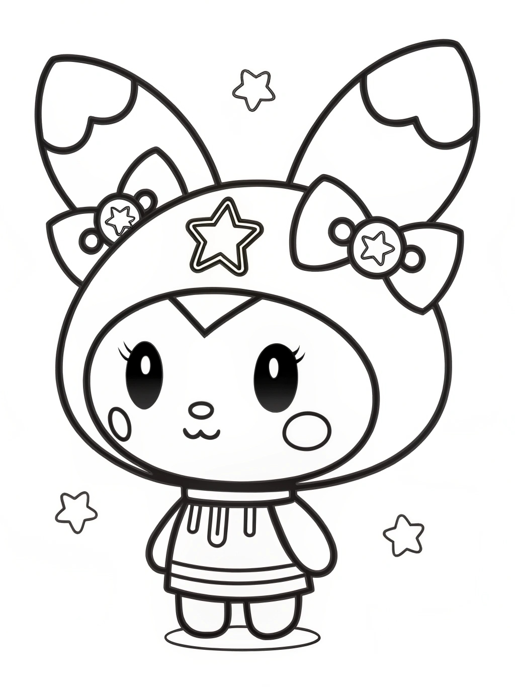 Kuromi fofa para colorir com orelhas de coelho e estrelas pretas e brancas