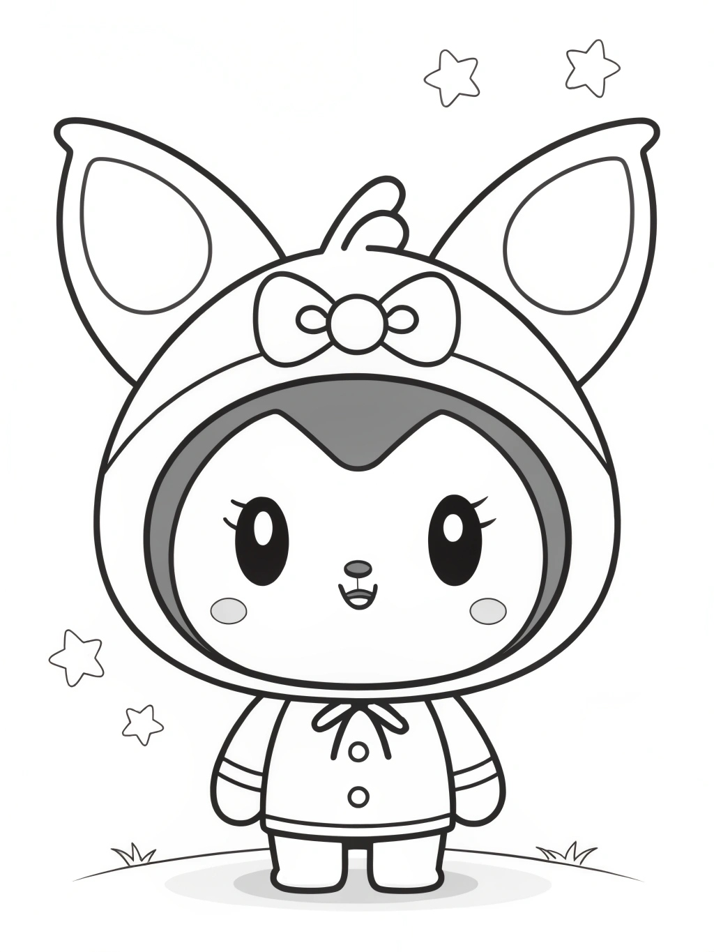 Desenho de Kuromi com roupinha e capuz de coelho para colorir online