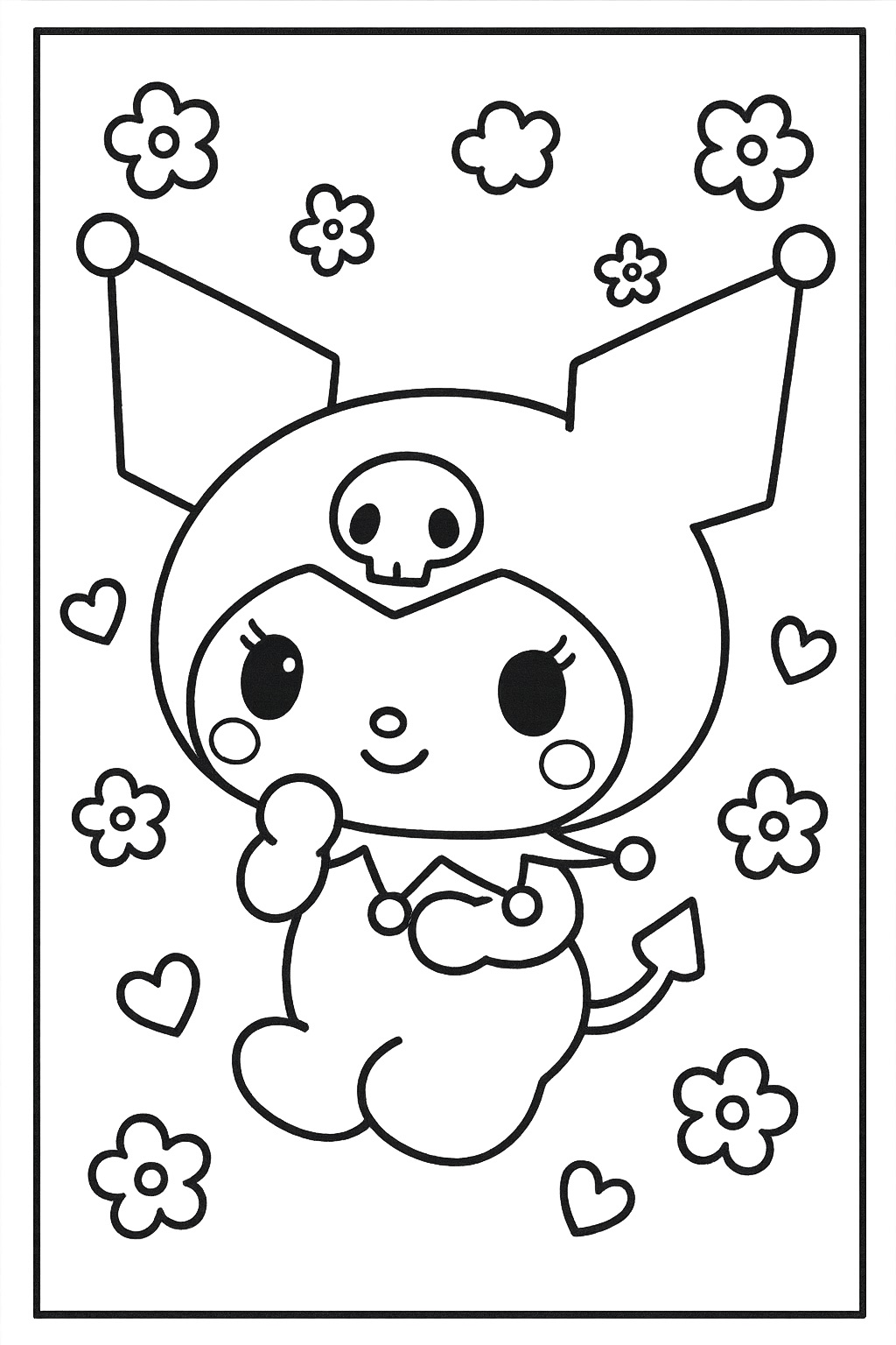 Kuromi para colorir com flores e corações desenho simples infantil