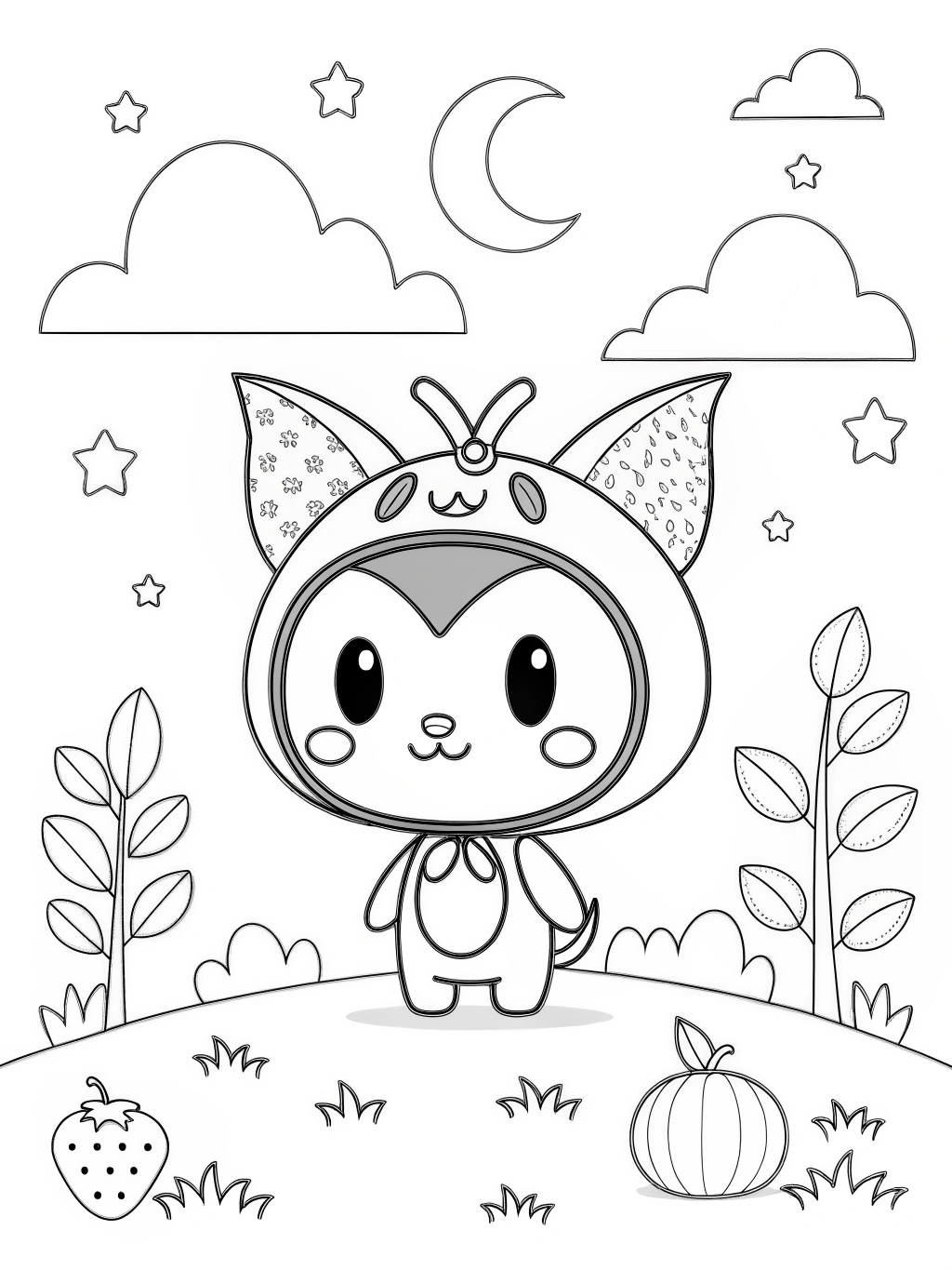 Desenho da Kuromi com chapéu, morango, abóbora, lua e estrelas para colorir