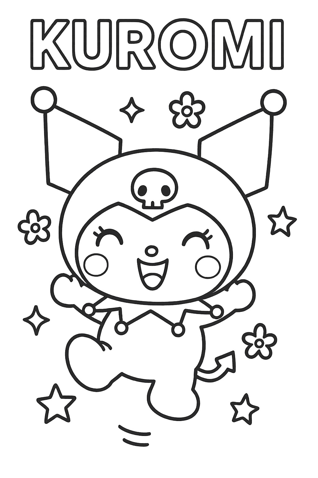Kuromi feliz para colorir com estrelas e flores ao redor dela