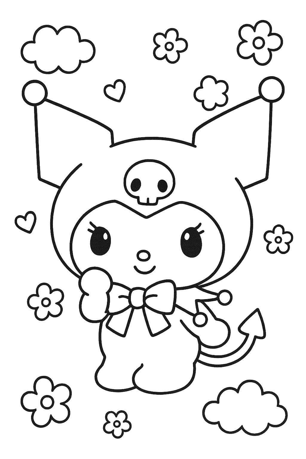 Kuromi fofa com laço, cauda de diabo e caveira para colorir e imprimir