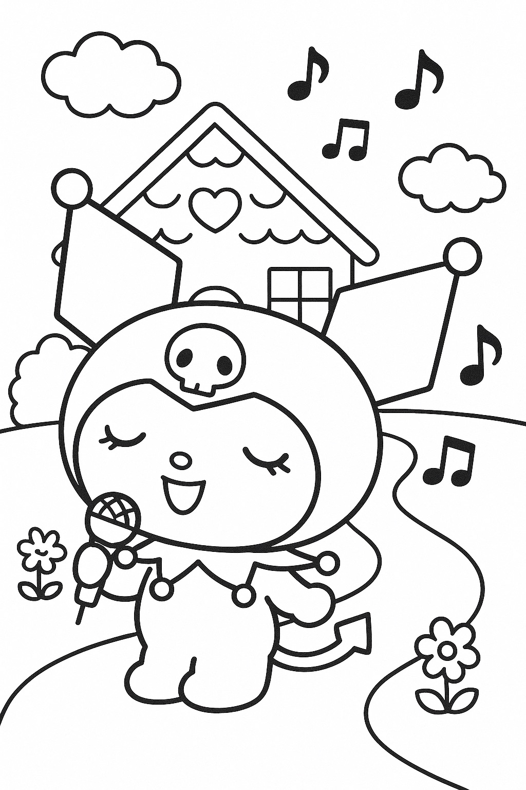 Kuromi cantando em desenho para colorir com notas musicais e casinha.