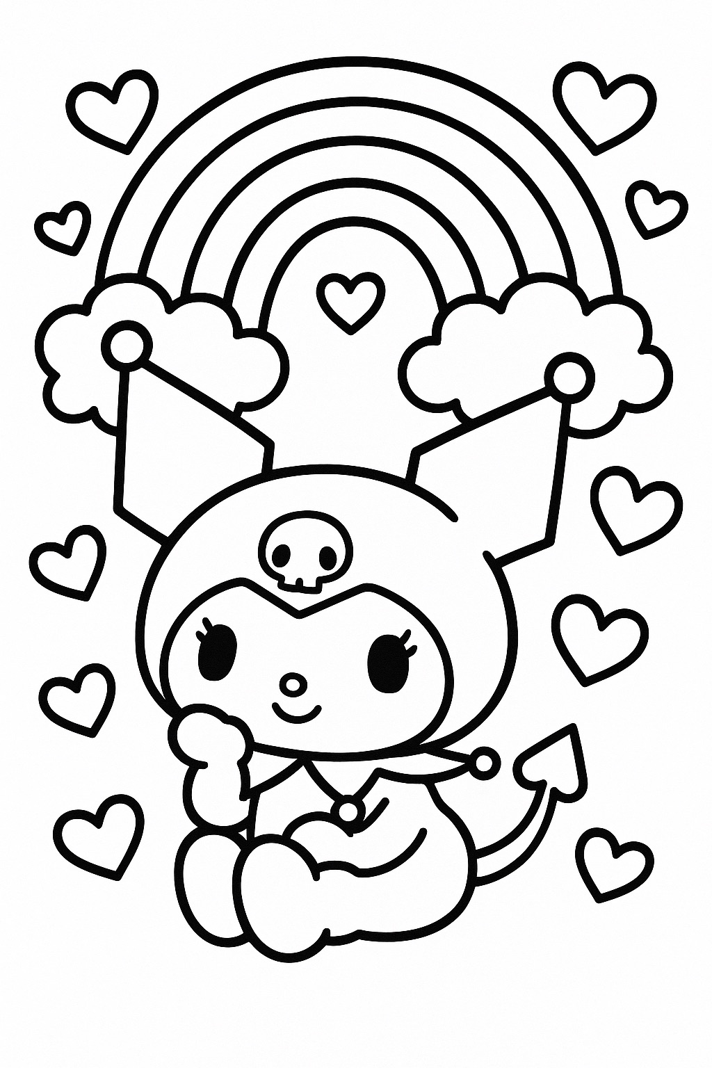 Kuromi com arco-íris e corações para colorir. Desenho fofo da Kuromi