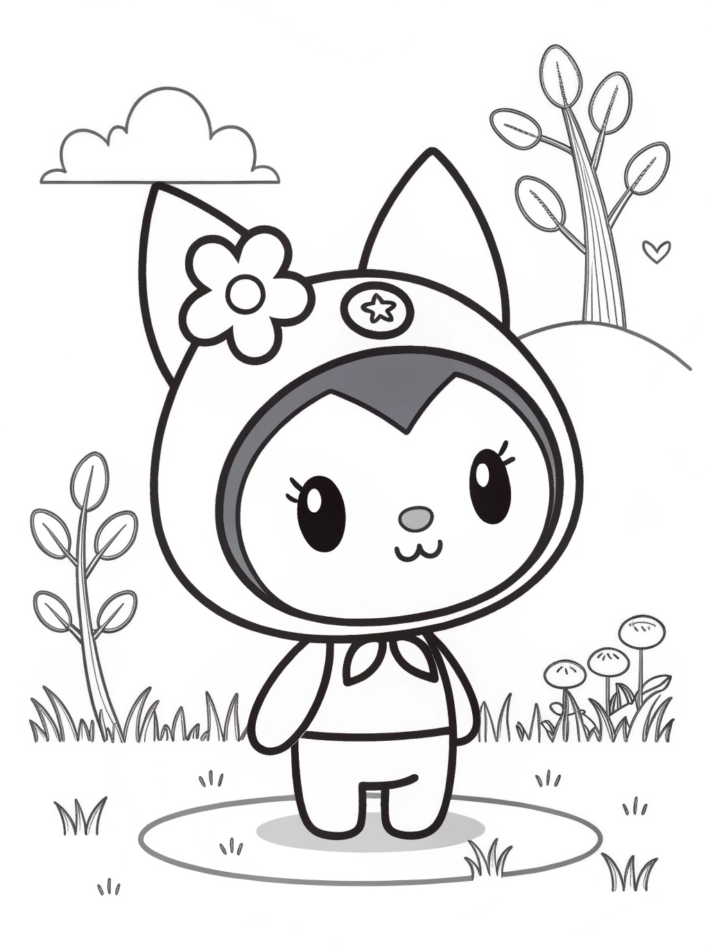 Kuromi para colorir em um jardim com árvores e cogumelos fofos.