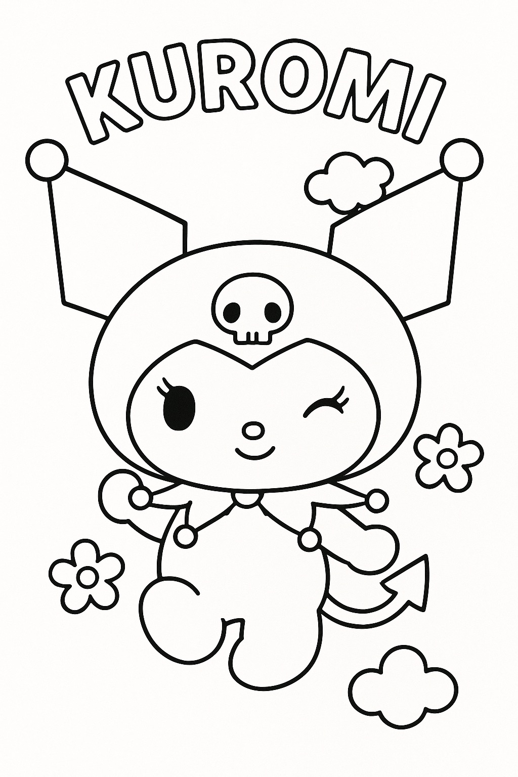 Kuromi para colorir com caveira, flores e rabo de diabo sorrindo.
