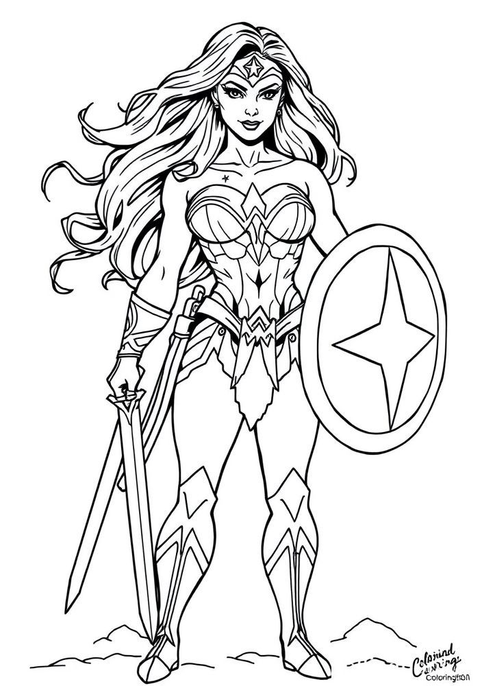 Mulher Maravilha com escudo e espada para colorir