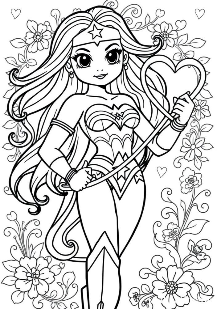 Mulher Maravilha com um laço de coração para colorir