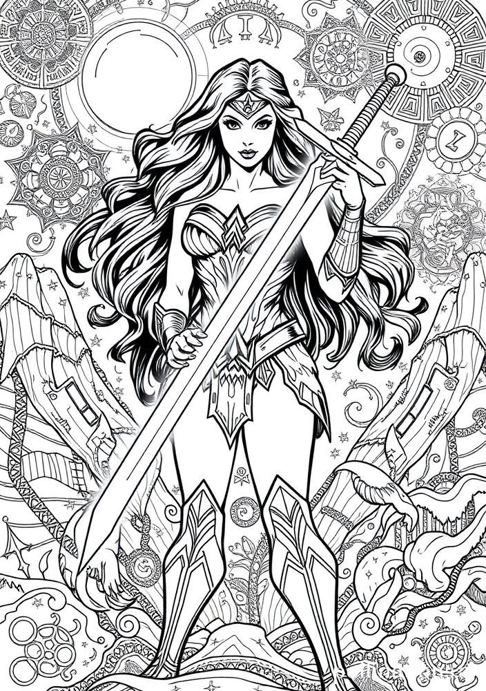 Mulher Maravilha e sua espada mágica para colorir