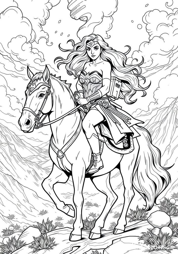 Mulher Maravilha em um cavalo para colorir