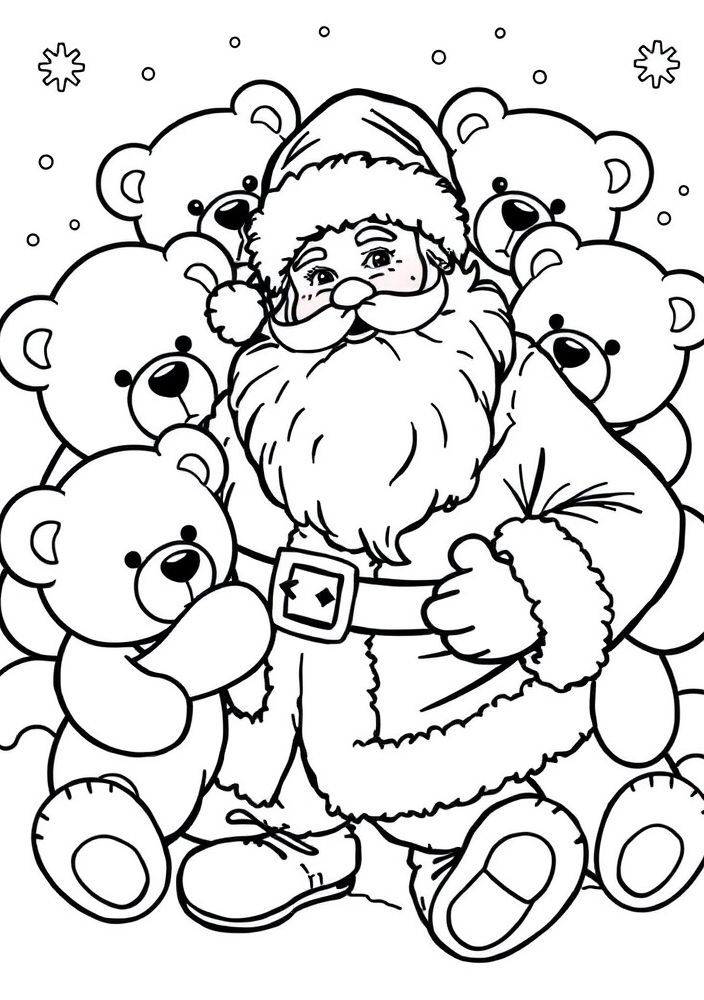 Papai Noel cercado por ursos de pelúcia para colorir