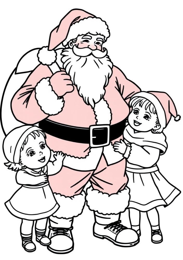 Papai Noel e crianças posando juntos para colorir