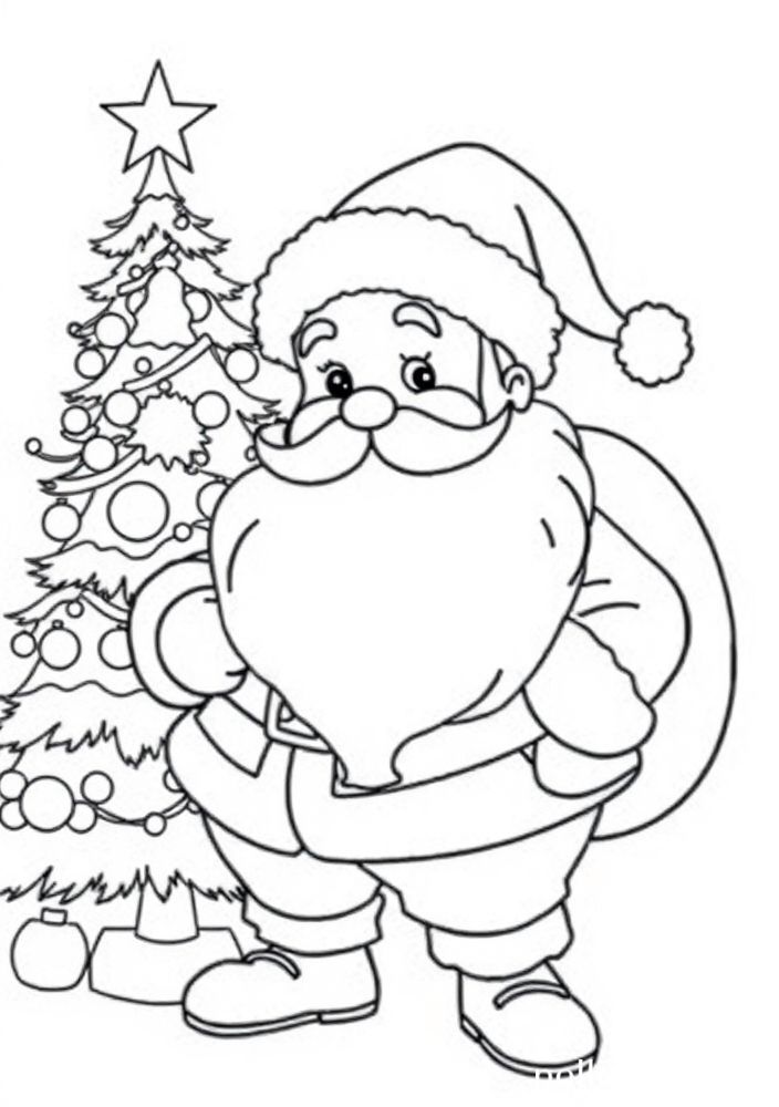 Papai Noel e uma árvore de Natal decorada para colorir