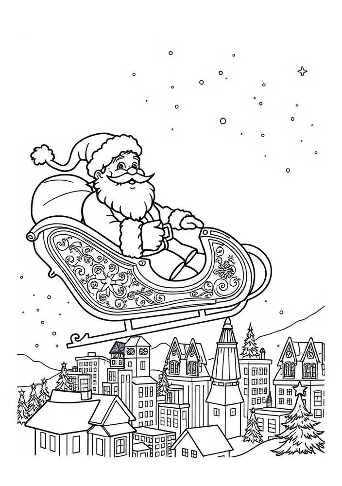 Papai Noel no seu trenó sobre a cidade iluminada para colorir