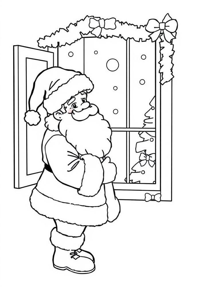 Papai Noel observando o Natal pelas janelas para colorir