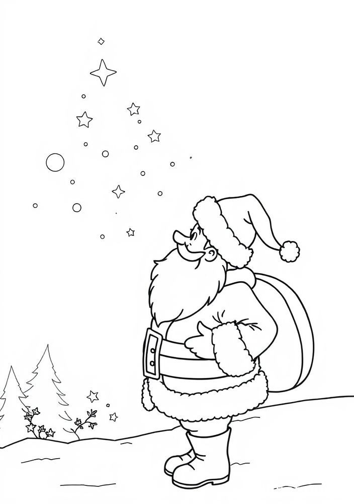 Papai Noel observando o céu estrelado para colorir