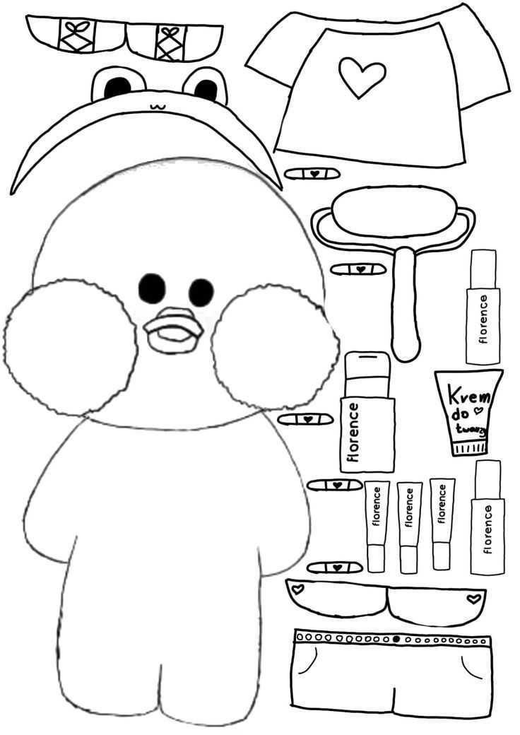 Paper Duck para colorir e recortar com roupas e acessórios Florence.
