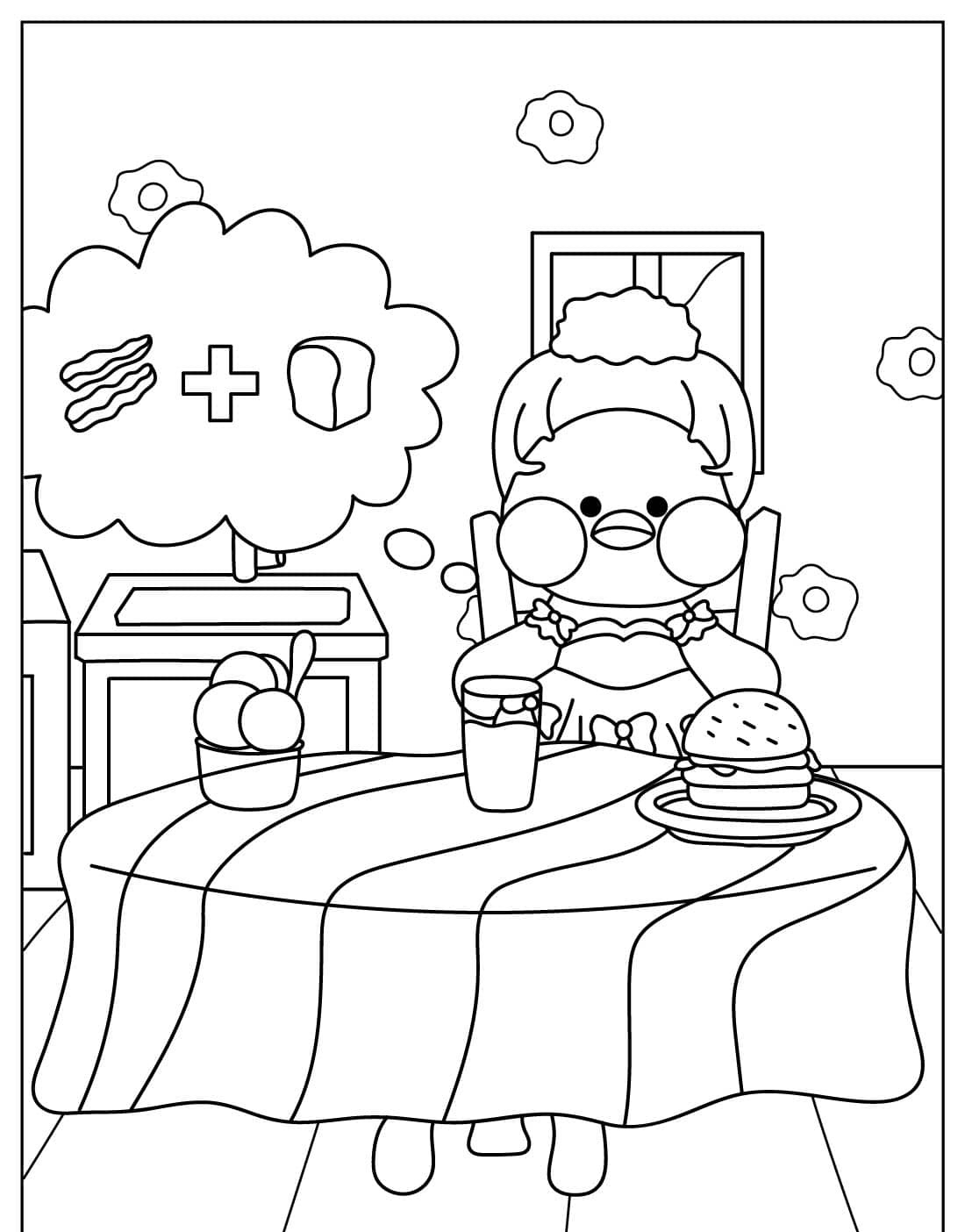 Paper Duck à mesa com hambúrguer e gelado para colorir e imprimir.