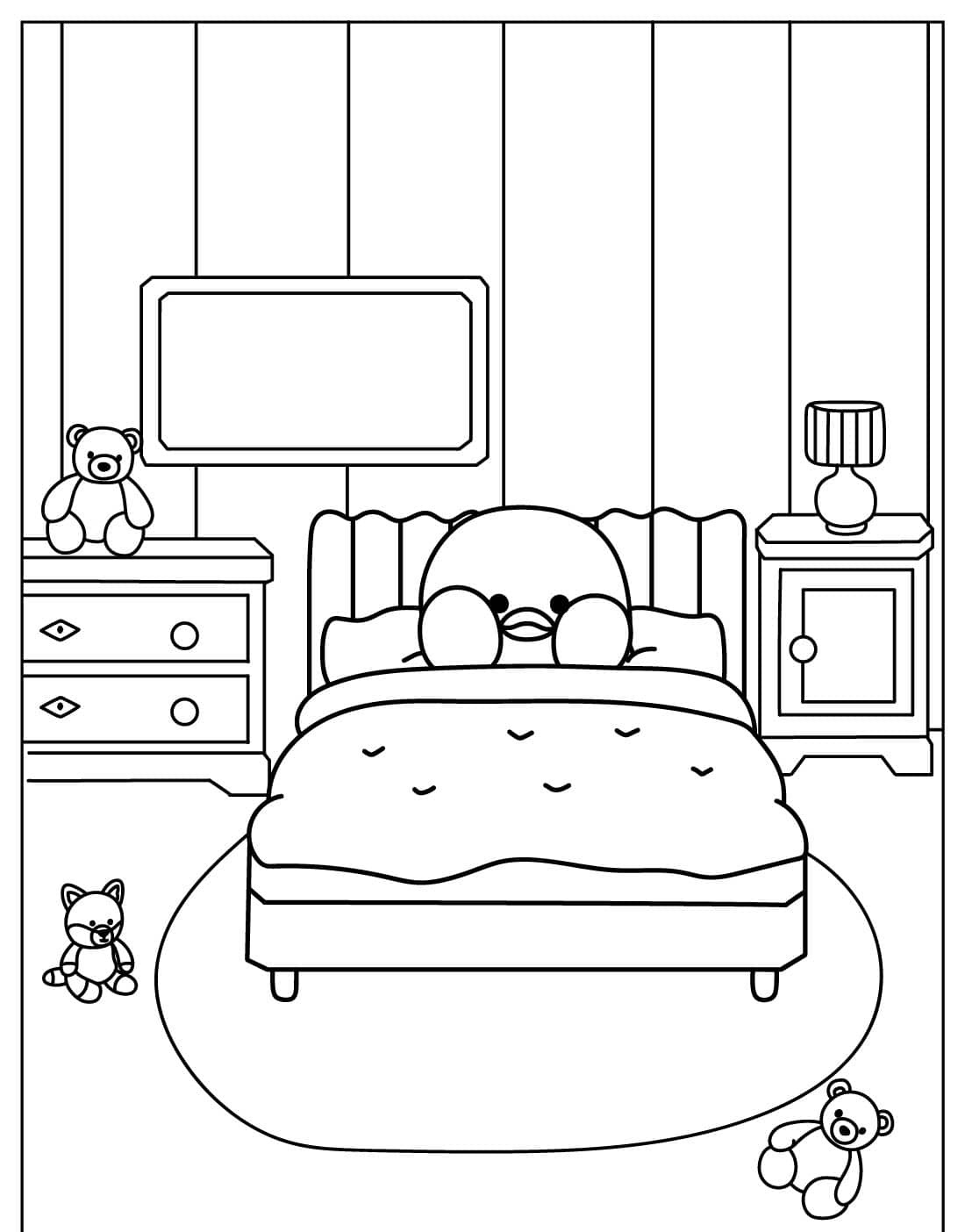 Paper Duck no quarto com cama e ursinhos de pelúcia