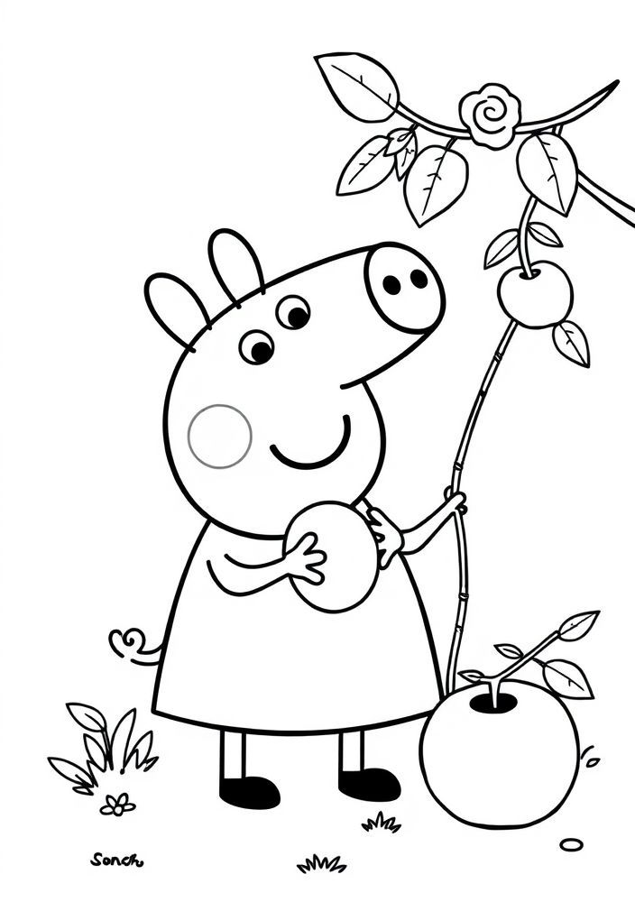Peppa Pig e a colheita de maçãs para colorir