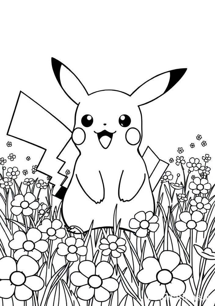Pikachu em um campo de flores para colorir