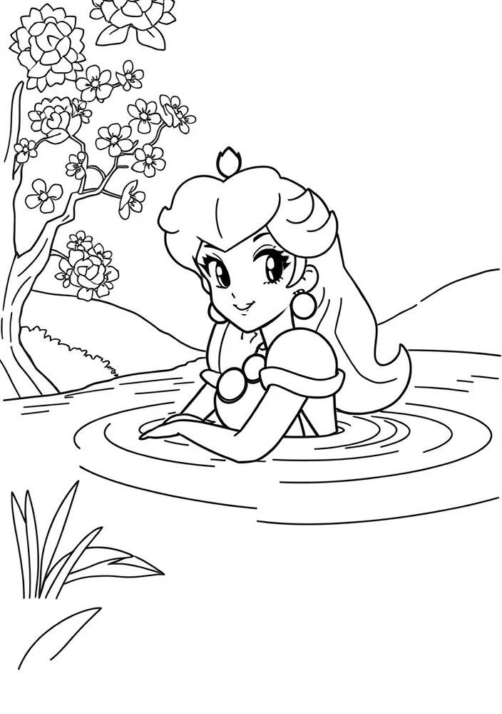 Princesa Peach nadando em um lago para colorir