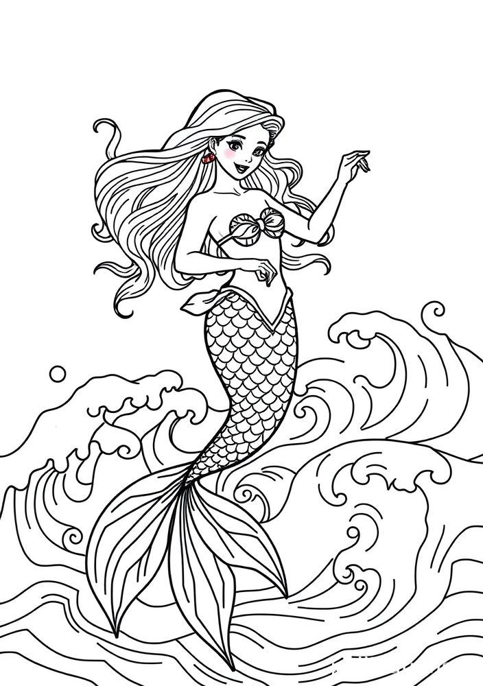 Sereia Dançante entre as Ondas do Mar para colorir