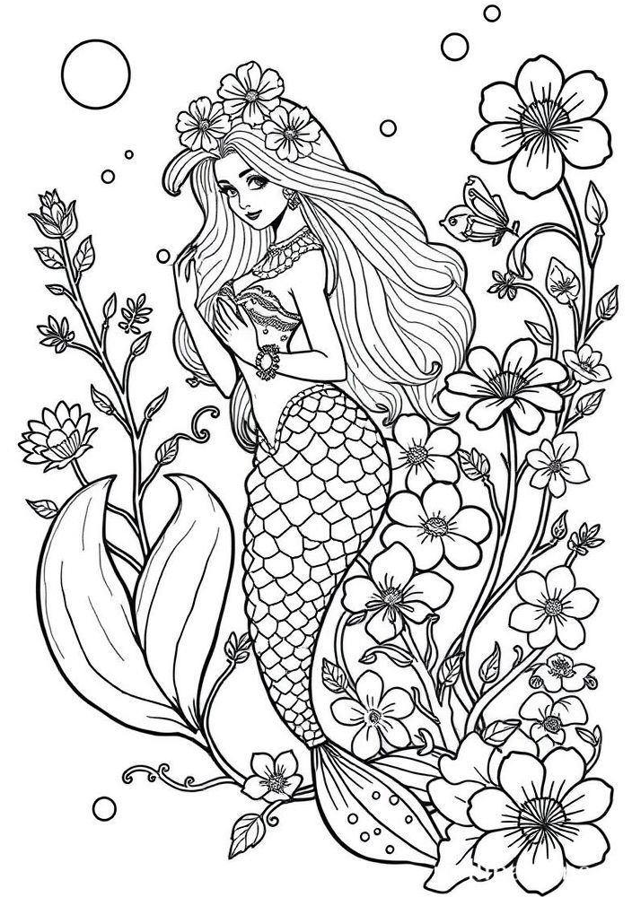 Sereia com Flores Marinhas para colorir