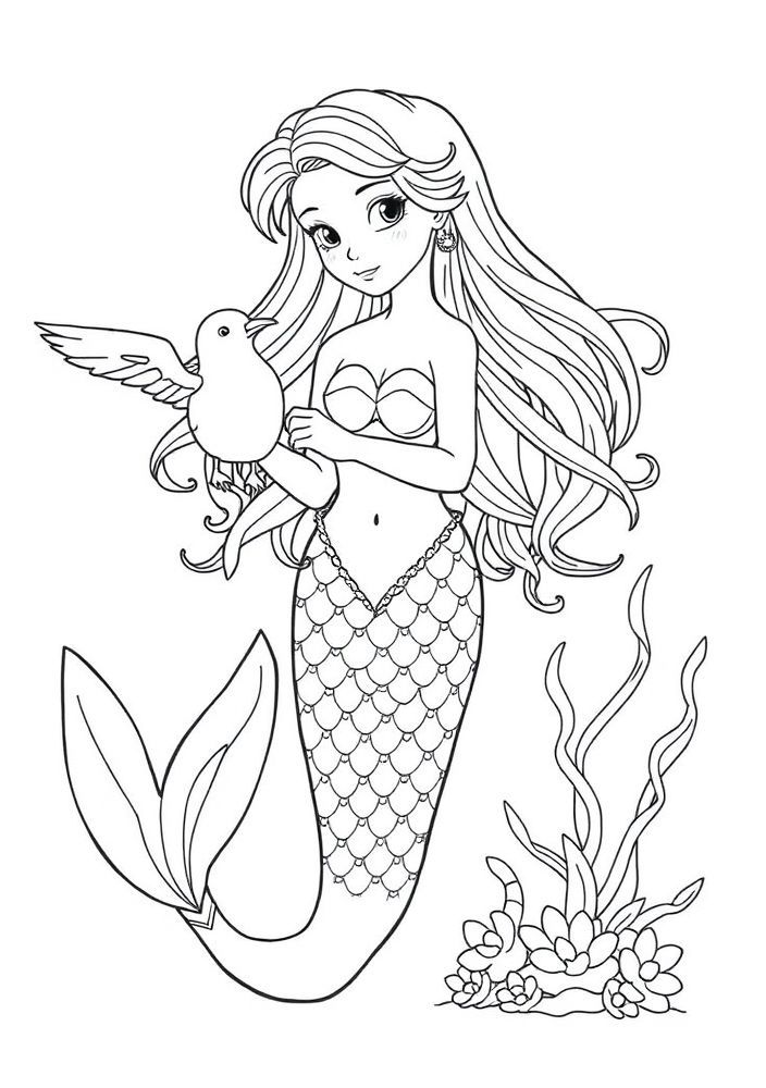 Sereia com Pássaro do Mar para colorir