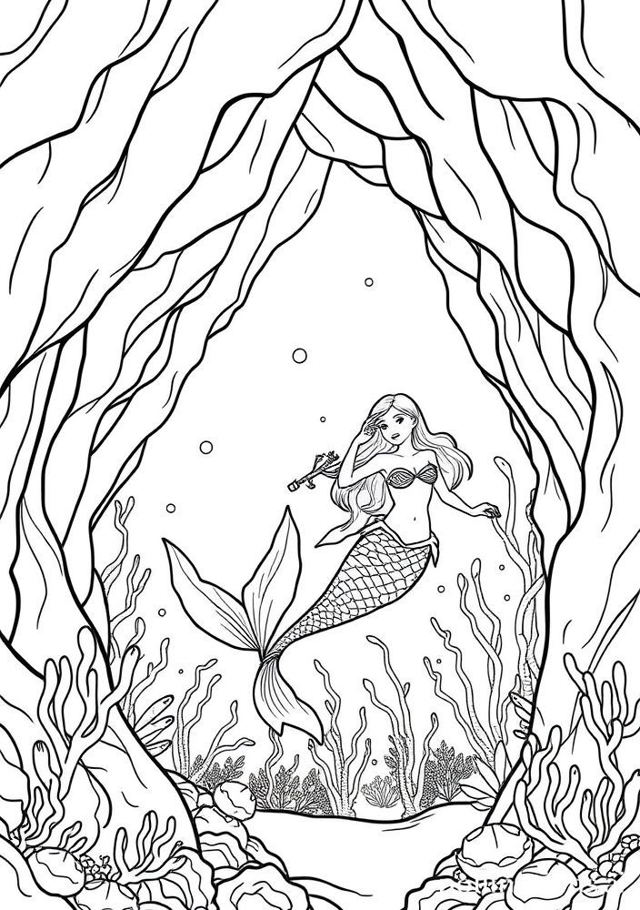 Sereia e uma Caverna Submarina para colorir