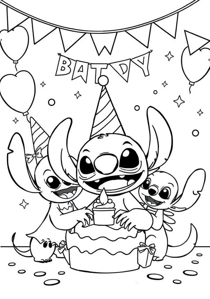 Stitch com amigos em uma festa de aniversário para colorir