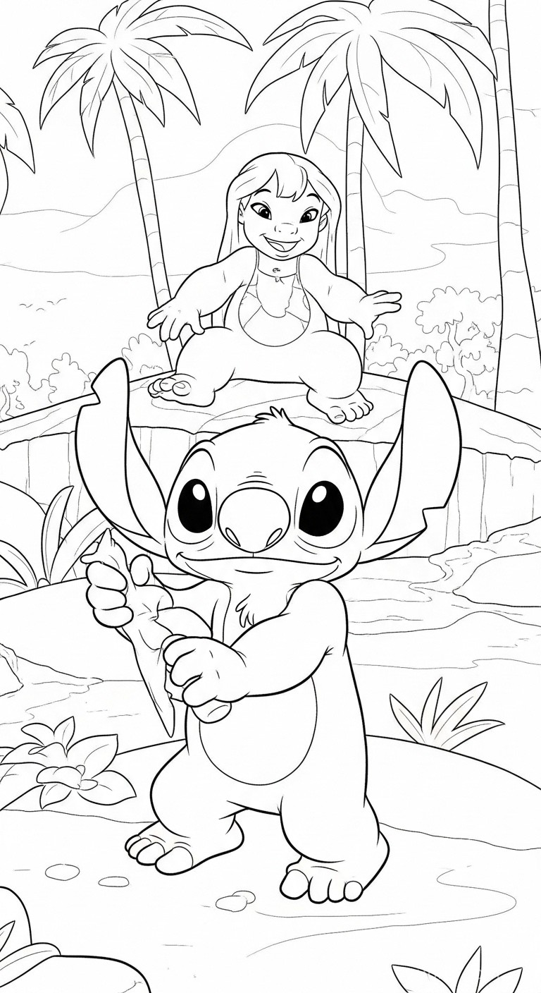 Stitch e Lilo na praia com palmeiras para colorir e imprimir