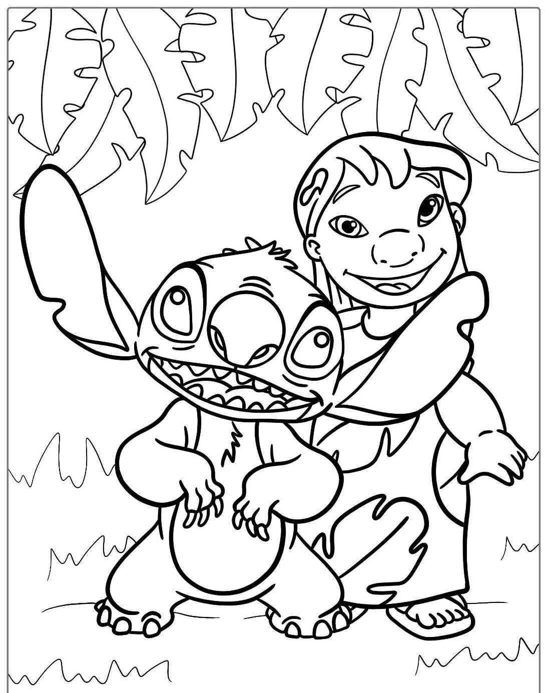 Desenhos do Stitch e Lilo sorrindo em frente a folhagens
