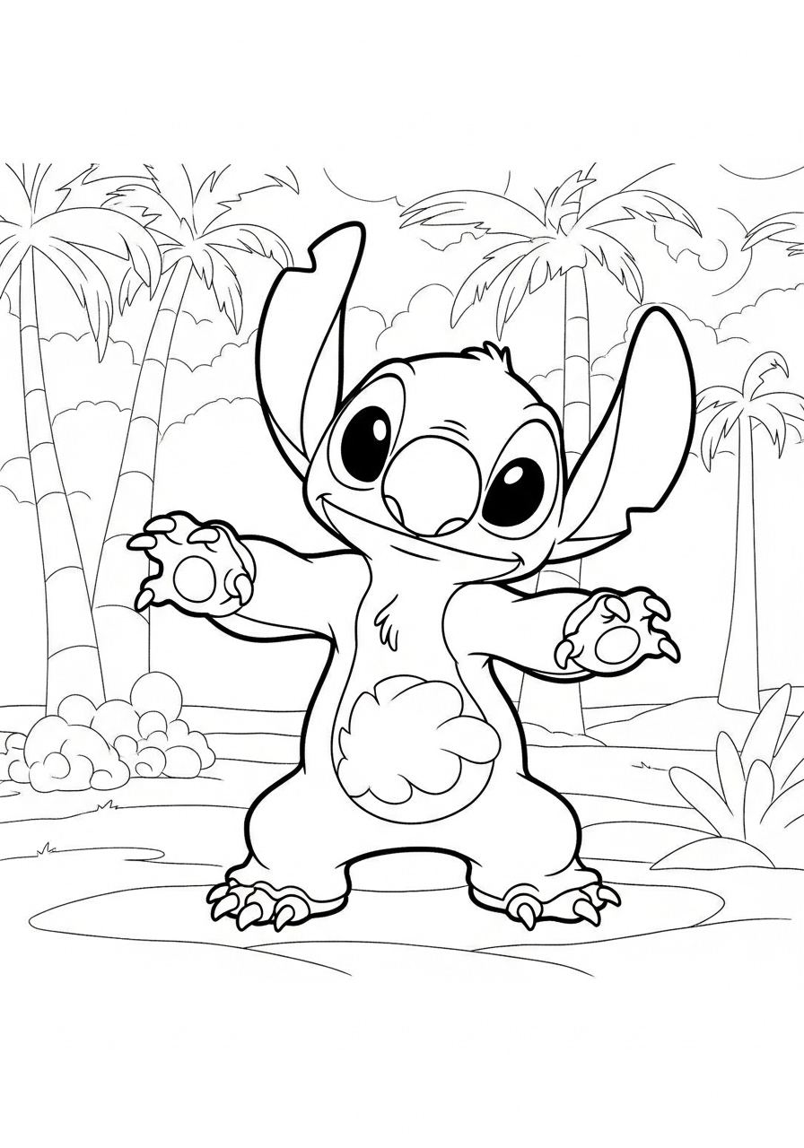 Stitch sorrindo na praia tropical para colorir e imprimir