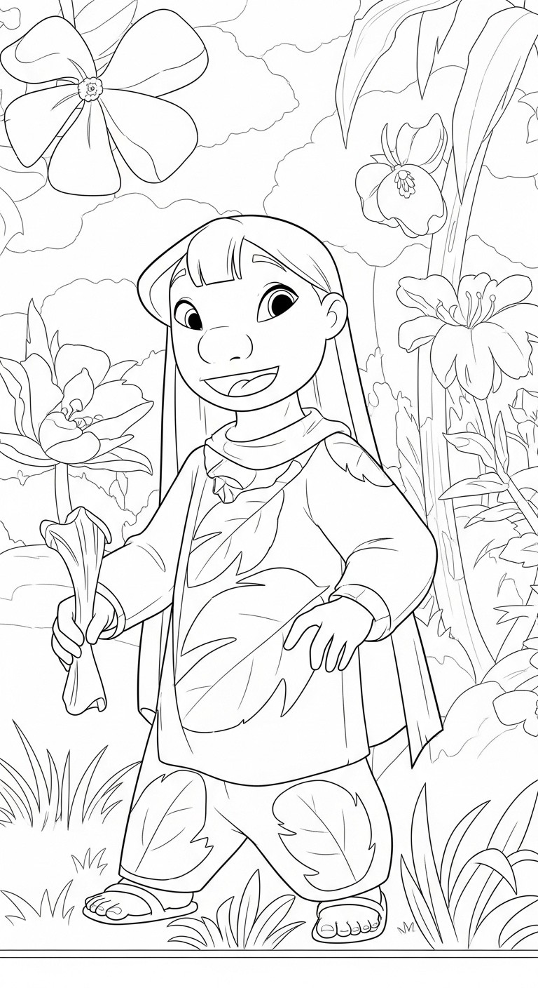 Desenho da Lilo com roupa de folha segurando flor para colorir