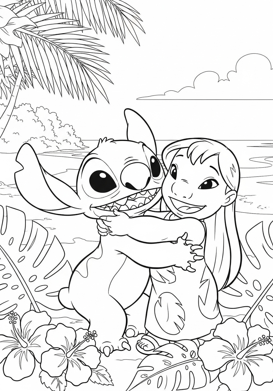 Desenhos do Stitch e Lilo se abraçando na praia para colorir